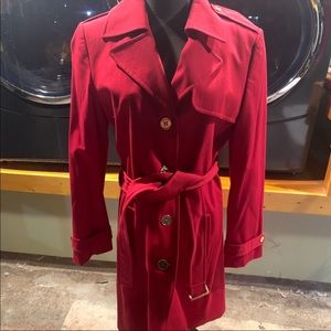 Tahari ASL Red Trench Coat with Gold Buttons
